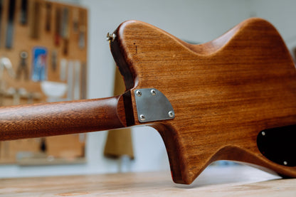 Rear view of Indiana Classic electric guitar with natural wood back